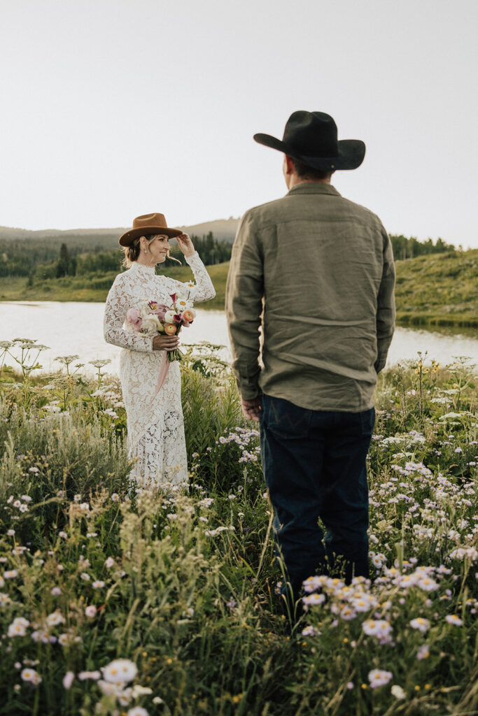Rabbit Ears Pass wildflower elopement photos by an alpine lake