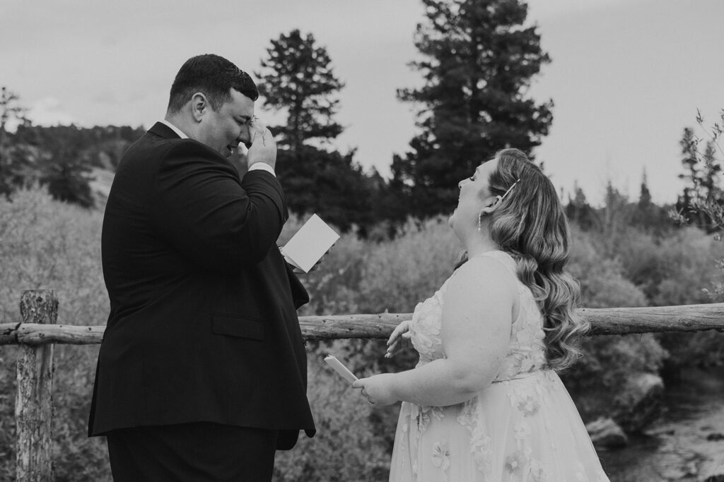 Bride and groom first look at Beaver Meadows Resort Ranch in Colorado
